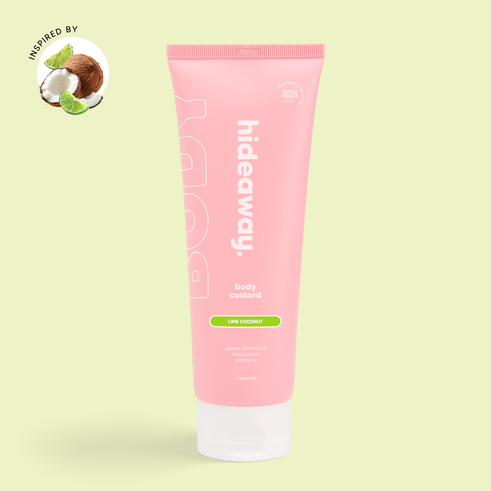 Pink tube of tropical body custard with a fresh lime and creamy coconut scent. Lightweight, nourishing, and refreshing.