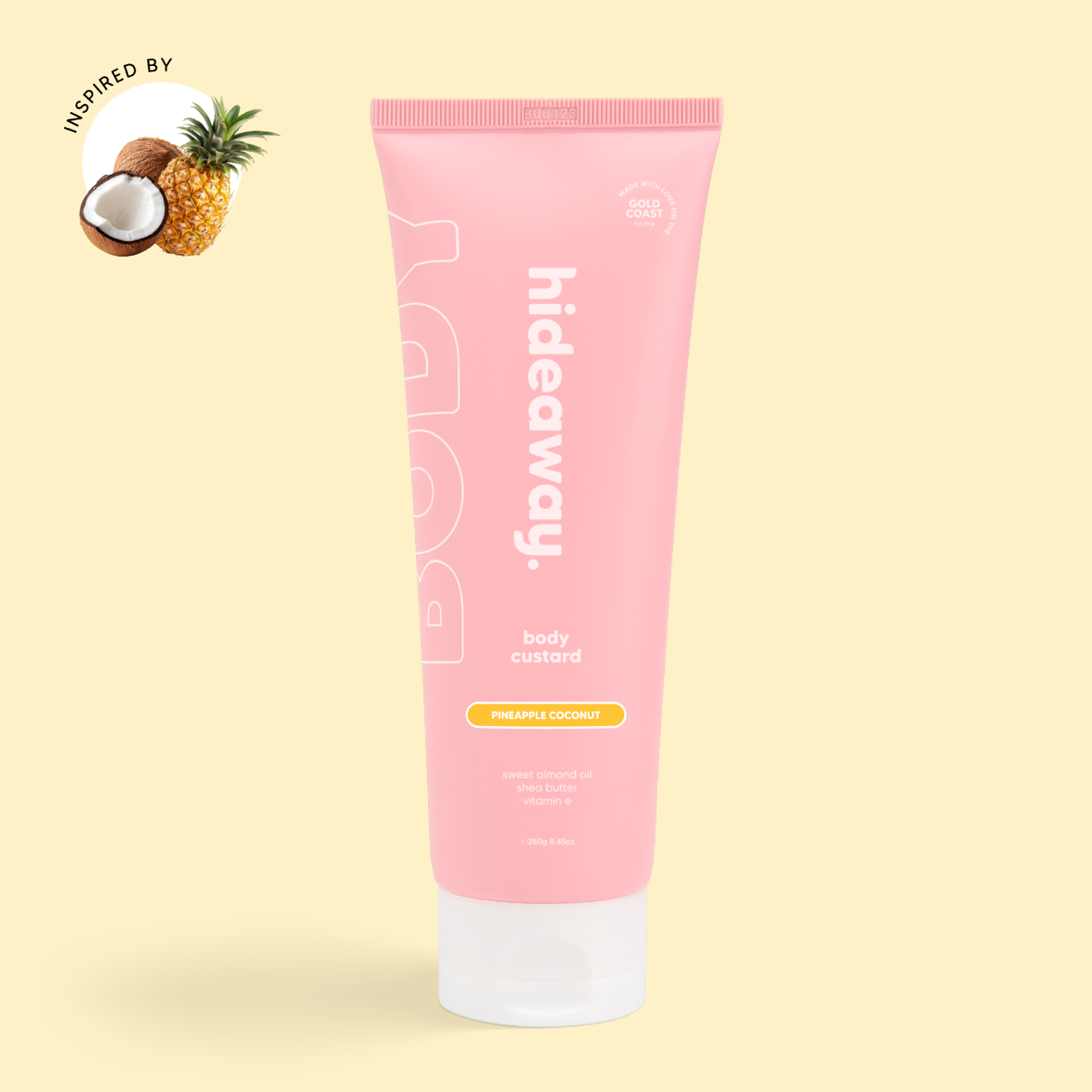 Pink tube of lush body custard with a juicy pineapple and coconut scent. Sweet, creamy, and deeply hydrating.