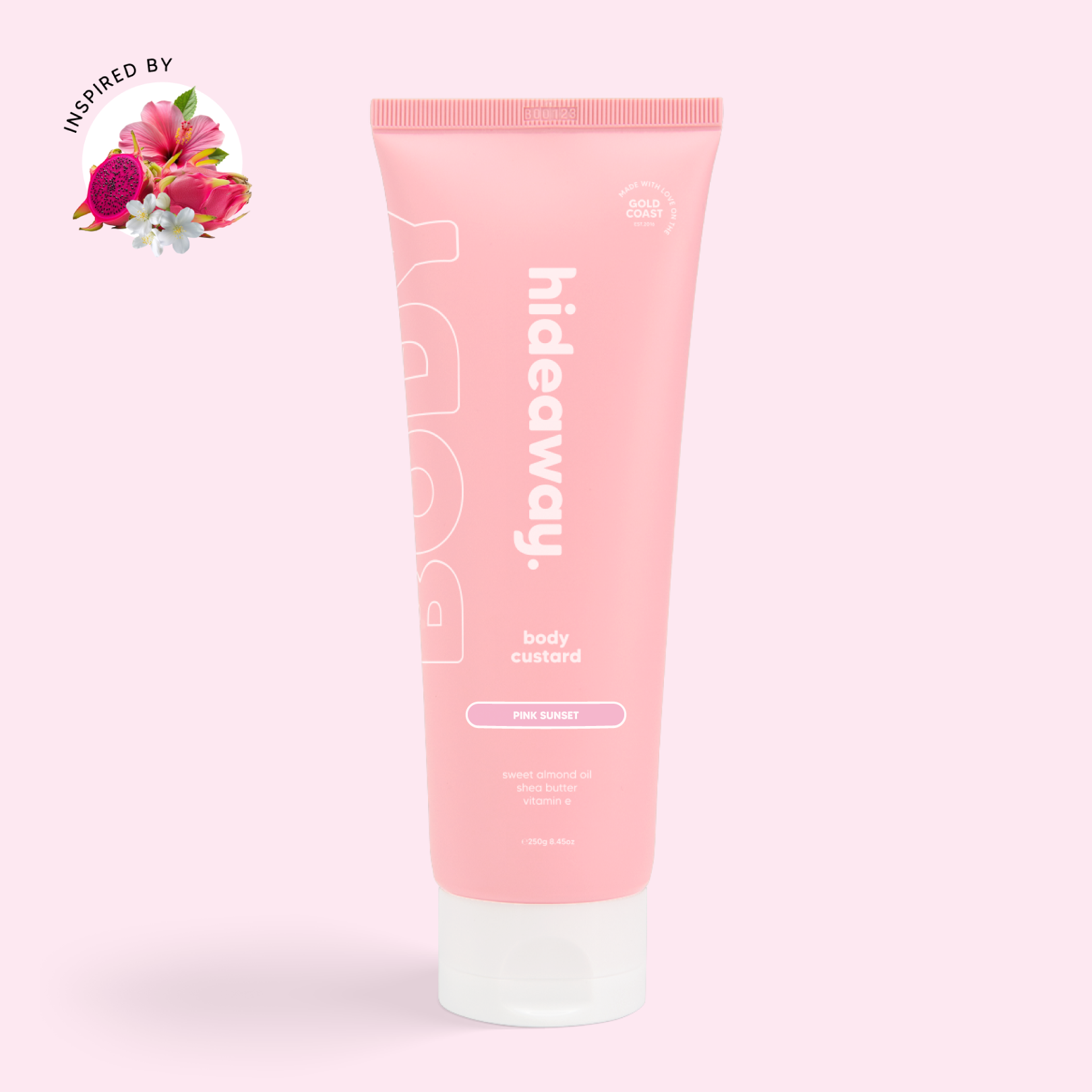 Pink tube of dreamy body custard with a fruity, floral sunset-inspired scent. Light, silky, and ultra moisturising.