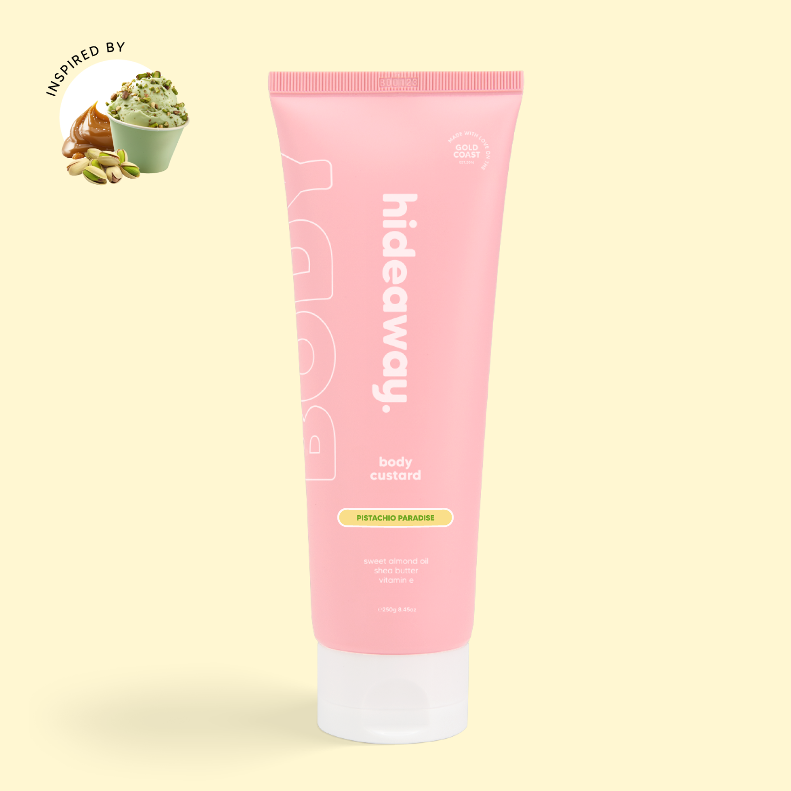 Pink tube of decadent body custard with a nutty pistachio, vanilla, and caramel scent. Rich, creamy, and hydrating.