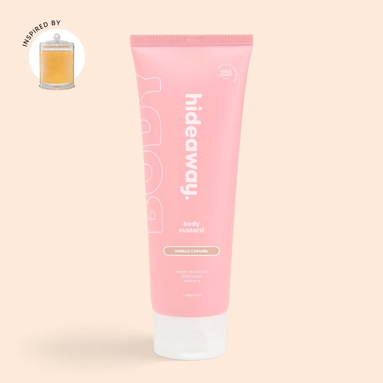 Pink tube of rich, whipped body custard with a warm vanilla caramel scent. Hydrating, creamy, and indulgent.