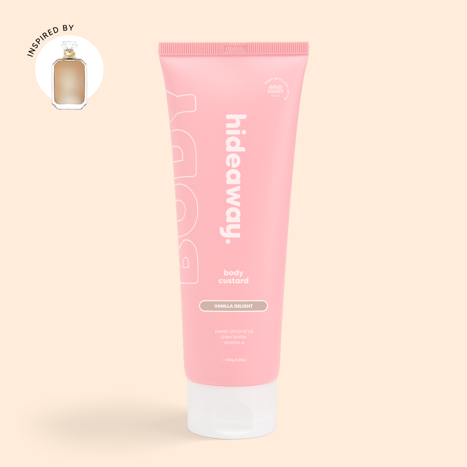 Pink tube of velvety body custard with a classic vanilla bean scent. Smooth, sweet, and moisturising.